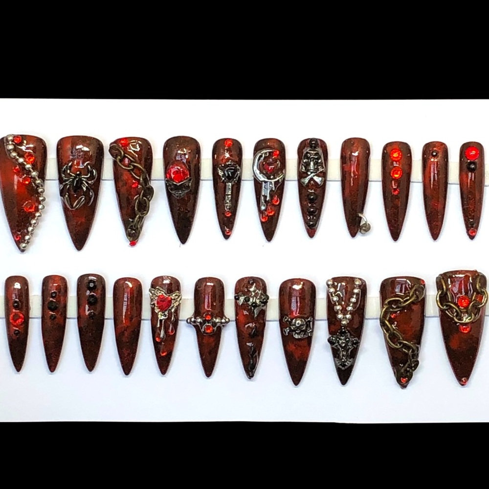 Handmade Custom Press On Nails Long Stiletto Gothic Skull Chains Red Black Nails
